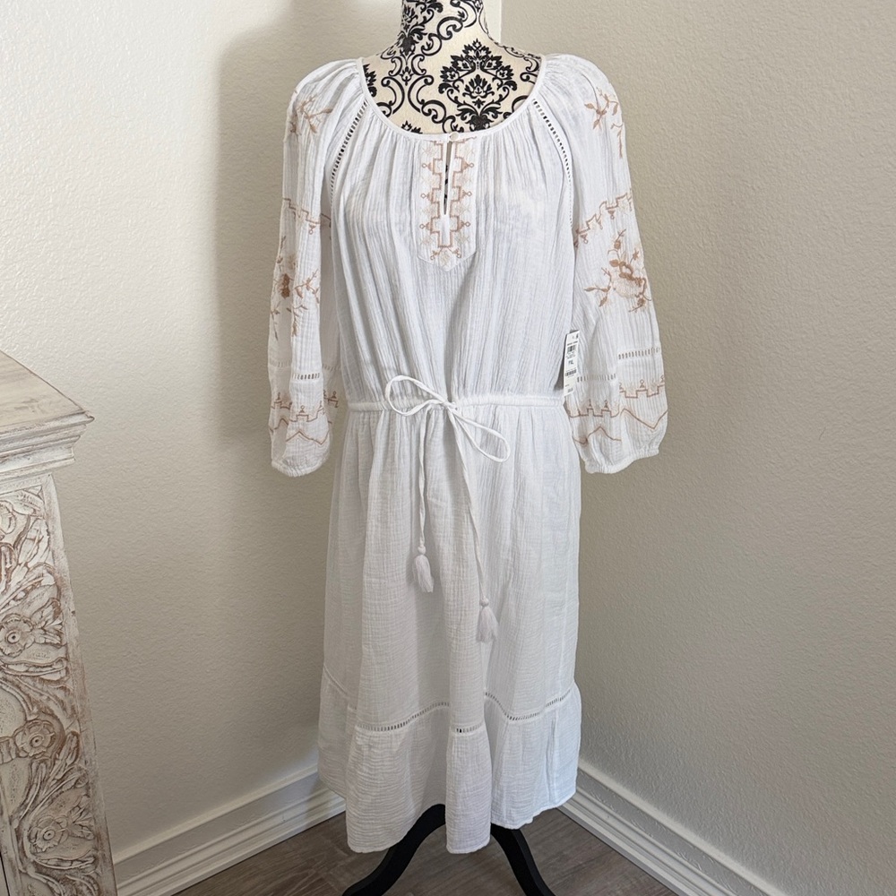 NWT Style & Co White Boho Midi Dress with Embroidered Sleeves  PXL